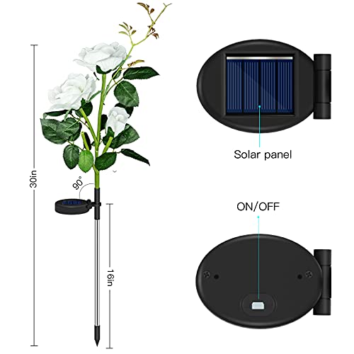 Anordsem 2 Pack Solar Rose Flower Lights, Upgrade Flower Lights Outdoor, Waterproof Solar Garden Stake Lights, Decorative Landscape Lights with 6 Rose Flowers for Backyard, Party, Pathway (White)