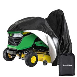 riding lawn mower cover, heavy duty 420d oxford outdoor tractor cover waterproof uv protection lawn mower cover fit decks up to 54″ with drawstring and storage bag(72″l x 54″w x 46″h)