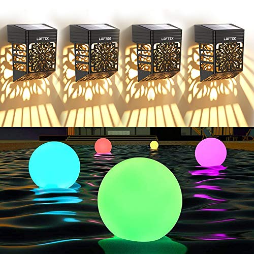 LOFTEK 16-inch LED Dimmable Floating Pool Lights Ball, Cordless Night Light with Remote（1P）+Solar Fence Lights Outdoor, Solar Wall Deck Lights Led Garden Decorative Lighting （4P）