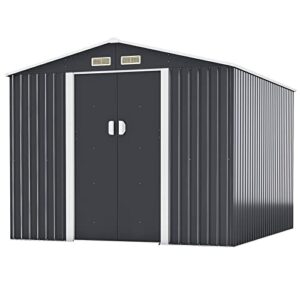 hogyme 10.5′ x 9.1′ storage outdoor shed, large sheds & outdoor storage clearance suitable for tool bike lawn mower ladder, metal garden shed w/ lockable/sliding door, gray