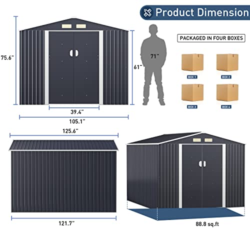 HOGYME 10.5' x 9.1' Storage Outdoor Shed, Large Sheds & Outdoor Storage Clearance Suitable for Tool Bike Lawn Mower Ladder, Metal Garden Shed w/ Lockable/Sliding Door, Gray