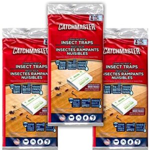 mouse glue trap by catchmaster – 3 pack 4 count (12 traps total) pre-baited, ready to use indoors. rodent spider insect wood sticky adhesive narrow disposable non-toxic – made in the usa