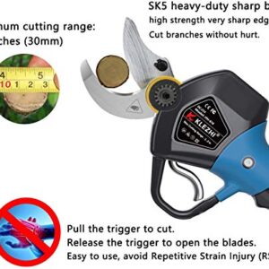 KLEZHI Professional Electric Pruning Shears with 2 PCS Backup Rechargeable Battery Powered Tree Branch Pruner 1.2" 30MM 8 Working Hours Black