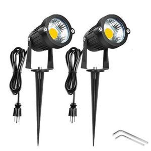 onerbuy bright outdoor led landscape lighting 5w cob garden wall yard path lawn light lamp with spiked stand and power plug, pack of 2 (warm white)