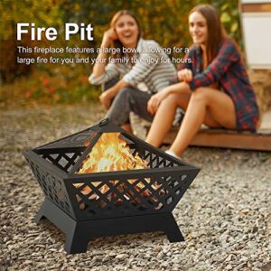 DLBJ Fire Pit Outdoor Wood Burning 25.2 inches Firepit Patio Outdoor Fire Pit with Poker Garden Fireplace for Cooking Grill Camping