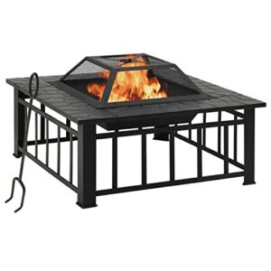 32in Firepit with Spark Screen,Square Firepit with Waterproof Cover, Poker,3 in 1 Patio Firepit Table BBQ Garden Stove for Outside Wood Burning and Drink Cooling