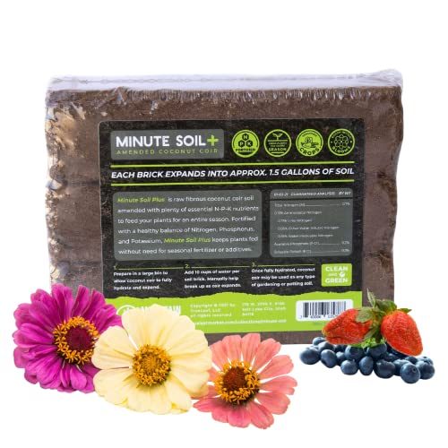 Minute Soil Plus Brick - NPK Amended Compressed Coco Coir Fiber Grow Medium - 3 Bricks = 1.5 Gallons of Potting Soil Each - Gardening, Plants, Flowers, Herbs, Microgreens - Peat Free