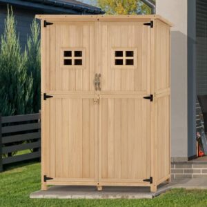 MCombo Large Outdoor Storage Shed with 2 Shelves, Oversize Garden Tool Shed with Latch, Outdoor Storage Cabinet with Floor for Patio and Yard (46.9" x 22.4" x 66") 1911 (Beige)