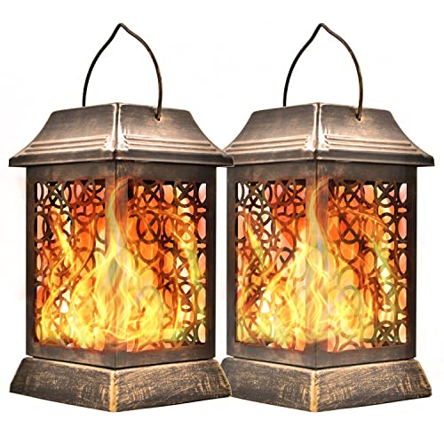 Dolucky Solar Lights Metal Flickering Flame Solar Lantern Outdoor Hanging Lanterns Lighting Heavy Duty Solar Powered Flame Lights Outdoor Waterproof for Patio Garden Yard, Pack of 2(Bronze)