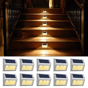 seable solar deck lights, led solar outdoor lights stainless steel solar step light waterproof solar fence lights for garden yard porch(warm light 10-pack)