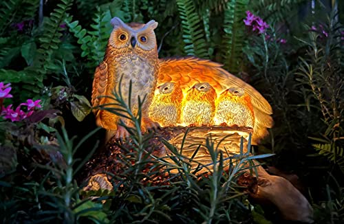 Garden Statue Owl Figurine Light - Resin Sculpture with Solar LED Light, Cute Owl for Patio,Yard, Lawn Ornaments, Gifts for Mom,Housewarming.