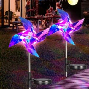 iqgveb solar outdoor yard lights christmas decorations garden light,7 colors flower lights 200lumens landscape waterproof lights, 2 dimming levels pathway lights (a-2pcs windmills solar patio light)