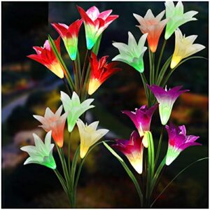 solar lights outdoor – new upgraded solar garden lights, multi-color changing lily solar flower lights for patio,yard decoration, bigger flower and wider solar panel (4 pack,red, 2 purple, white)