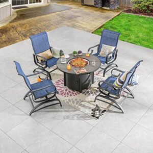 festival depot 5pcs patio fire pit table set, outdoor furniture conversation set, propane table and 4 armchairs with high textilene back and metal frame for backyard porch lawn deck garden (blue)