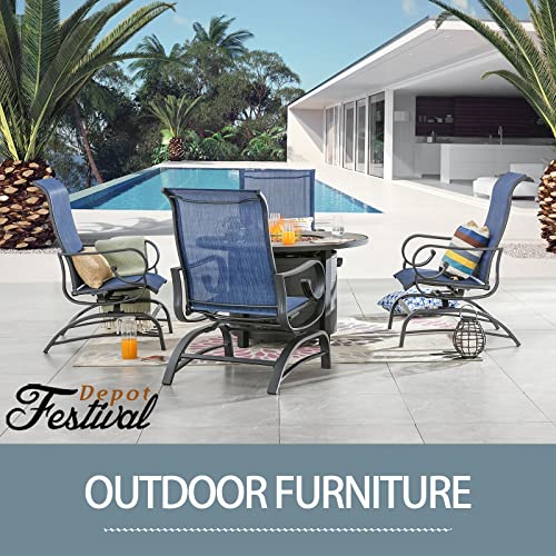 Festival Depot 5Pcs Patio Fire Pit Table Set, Outdoor Furniture Conversation Set, Propane Table and 4 Armchairs with High Textilene Back and Metal Frame for Backyard Porch Lawn Deck Garden (Blue)