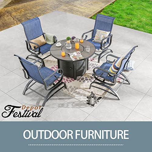 Festival Depot 5Pcs Patio Fire Pit Table Set, Outdoor Furniture Conversation Set, Propane Table and 4 Armchairs with High Textilene Back and Metal Frame for Backyard Porch Lawn Deck Garden (Blue)