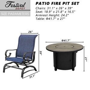 Festival Depot 5Pcs Patio Fire Pit Table Set, Outdoor Furniture Conversation Set, Propane Table and 4 Armchairs with High Textilene Back and Metal Frame for Backyard Porch Lawn Deck Garden (Blue)