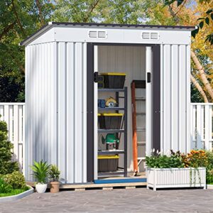 jaxpety 4′ x 6′ large outdoor storage shed box, backyard garden steel utility tool sheds lawn building garage organizer w/ sliding door, inclined roof, 2 vents, gray