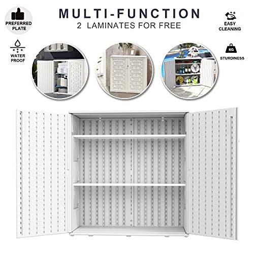 KINYING Resin Storage Cabinet with Doors and Shelves, 60 Gallon Indoor & Outdoor Deck Box Waterproof for Patio Furniture Cushions, Garden Tools, Pool Tools and Kids’ Toys (Off-White with 2 Shelves)