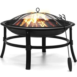 singlyfire 26 inch fire pit for outside outdoor wood burning firepit bowl heavy duty bonfire pit steel firepit for patio backyard camping deck picnic porch with spark screen,log grate,poker