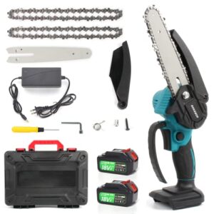 cordless mini chainsaw 6“, bonsbor handheld chain saw with 2 chains 2x 5.0ah batteries and a charger for tree trimming wood cutting courtyard garden pruning