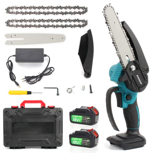 Cordless Mini Chainsaw 6“, BONSBOR handheld Chain saw with 2 Chains 2x 5.0Ah Batteries and A Charger for Tree Trimming Wood Cutting Courtyard Garden Pruning