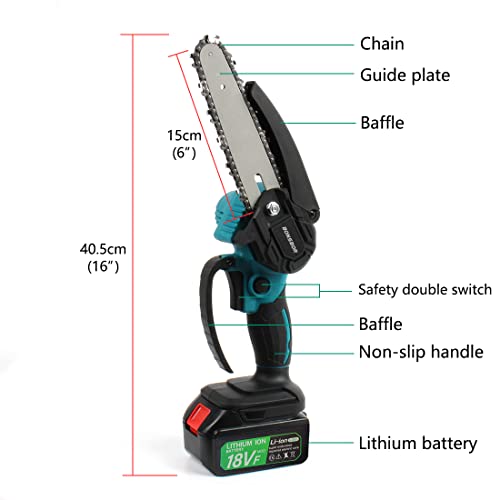 Cordless Mini Chainsaw 6“, BONSBOR handheld Chain saw with 2 Chains 2x 5.0Ah Batteries and A Charger for Tree Trimming Wood Cutting Courtyard Garden Pruning