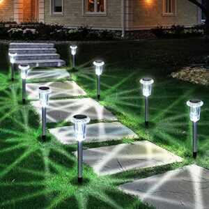eyrosa solar outdoor lights, 10 pack solar pathway lights outdoor waterproof, stainless steel solar stake lights for garden yard path walkway driveway lawn decor – cool white