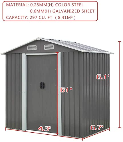 Kinpaw 6' x 4' Garden Storage Shed Heavy Duty Tool House Backyard Garage w/ Sliding Door (Gray)