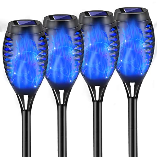 COCOMOX Solar Lights Outdoor Blue, 4 Pack Solar Torch Lights with Flickering Flame, 12 LED Mini Tiki Torches for Outside Waterproof Landscape Decorations for Garden Pathway Dusk to Dawn Auto On/Off