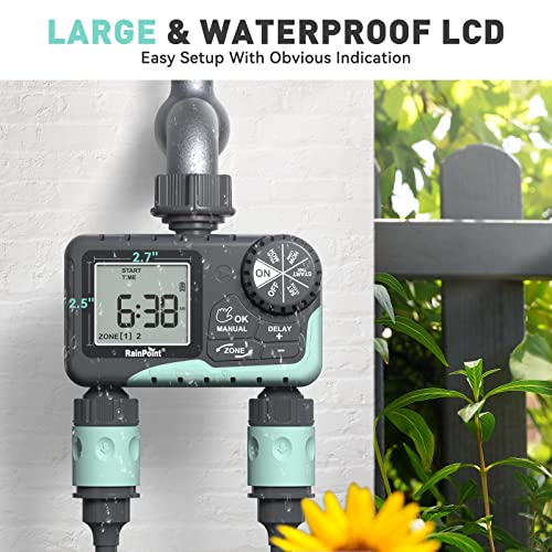 RAINPOINT Sprinkler Timer 2 Outlet, Water Timer for Garden Hose, Programmable Drip Irrigation Timer for Yard Outdoor Watering, Rain Delay/Manual/Automatic System Controller 2.5" LCD, V2, 2023 Release