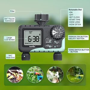 RAINPOINT Sprinkler Timer 2 Outlet, Water Timer for Garden Hose, Programmable Drip Irrigation Timer for Yard Outdoor Watering, Rain Delay/Manual/Automatic System Controller 2.5" LCD, V2, 2023 Release