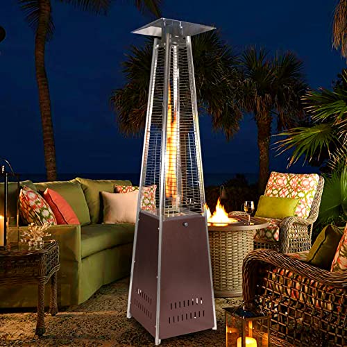 Polar Aurora Patio Propane Heater Pyramid Dancing Flame 42,000 BTU Quartz Glass Tube Outdoor Portable Heater w/ Wheels & Ground Nail for Party, Restaurant, Garden, Commercial,Brown