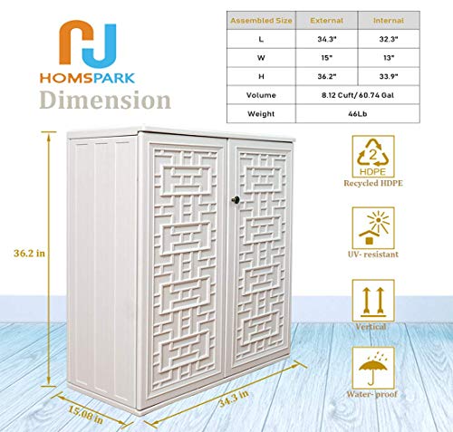 HOMSPARK Medium Resin Storage Cabinet Waterproof, 60-Gallon Indoor & Outdoor Deck Box for Garden Tools, kitchen Accessories, with 2 Laminate Shelves, (34 in. L x 15 in. W x 36 in. H, Light Beige)