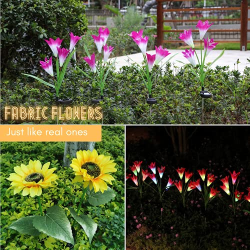 JHBOX Solar Flower Lights 4 Pack Combo - 2 Sunflower Lights and 2 Lily Flowers Garden Light, Solar Christmas Lights Garden Stakes for Winter Outdoor Decor, Holiday Lighting for Patio, Pathway, Yard