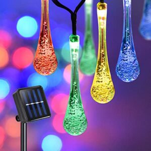 solar string lights 26ft 30led water drop solar fairy lights with 8 lighting modes, solar powered teardrop twinkle lights outdoor waterproof for garden patio yard wedding party decoration multicolor