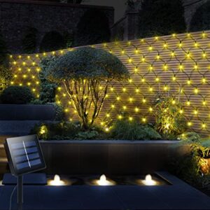 Solar Net Mesh String Lights Outdoor Waterproof 9.8ft x 6.6ft 200 LEDs Tree-wrap Lights,Dark Green Cable,8 Modes Decorative Lights for Party Christmas Wedding Garden Home Patio Lawn - Warm White