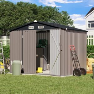 verano garden 8’x6′ outdoor storage shed, galvanized metal steel garden shed,double door w/lock, bike storage for backyard, patio, lawn