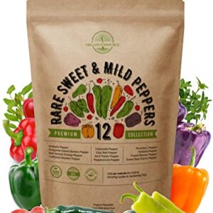 12 Rare Sweet & Mild Pepper Seeds Variety Pack for Planting Indoor & Outdoors. 600+ Non-GMO Pepper Garden Seeds: California Wonder Bell, Anaheim, Cubanelle, Pepperoncini, Banana Peppers & More