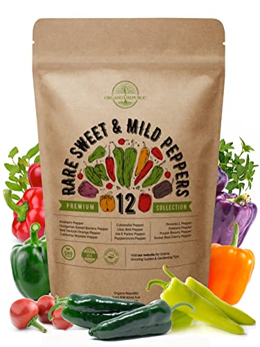 12 Rare Sweet & Mild Pepper Seeds Variety Pack for Planting Indoor & Outdoors. 600+ Non-GMO Pepper Garden Seeds: California Wonder Bell, Anaheim, Cubanelle, Pepperoncini, Banana Peppers & More