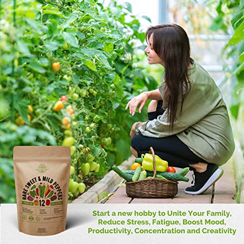 12 Rare Sweet & Mild Pepper Seeds Variety Pack for Planting Indoor & Outdoors. 600+ Non-GMO Pepper Garden Seeds: California Wonder Bell, Anaheim, Cubanelle, Pepperoncini, Banana Peppers & More