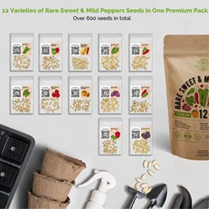 12 Rare Sweet & Mild Pepper Seeds Variety Pack for Planting Indoor & Outdoors. 600+ Non-GMO Pepper Garden Seeds: California Wonder Bell, Anaheim, Cubanelle, Pepperoncini, Banana Peppers & More