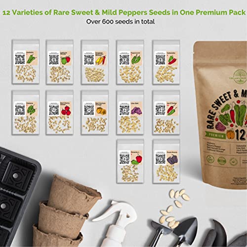 12 Rare Sweet & Mild Pepper Seeds Variety Pack for Planting Indoor & Outdoors. 600+ Non-GMO Pepper Garden Seeds: California Wonder Bell, Anaheim, Cubanelle, Pepperoncini, Banana Peppers & More