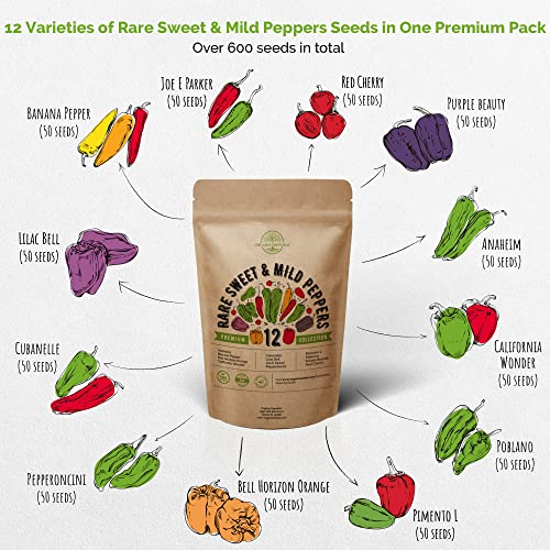 12 Rare Sweet & Mild Pepper Seeds Variety Pack for Planting Indoor & Outdoors. 600+ Non-GMO Pepper Garden Seeds: California Wonder Bell, Anaheim, Cubanelle, Pepperoncini, Banana Peppers & More