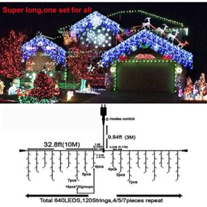 Maojia 66FT Christmas Lights Decorations Outdoor - 640 LEDs 8 Modes Curtain Fairy Lights with 120 Drops, Waterproof LED String Lights for Holiday Wedding Party Garden Patio Decorations, Blue