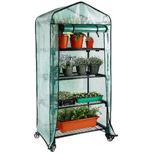 worth garden 4 tier mini greenhouse w/upgraded castors wheels – portable small gardening green house with pe cover – heavy duty swivel castors with brakes – 64”h x 27”l x 19”w indoor & outdoor