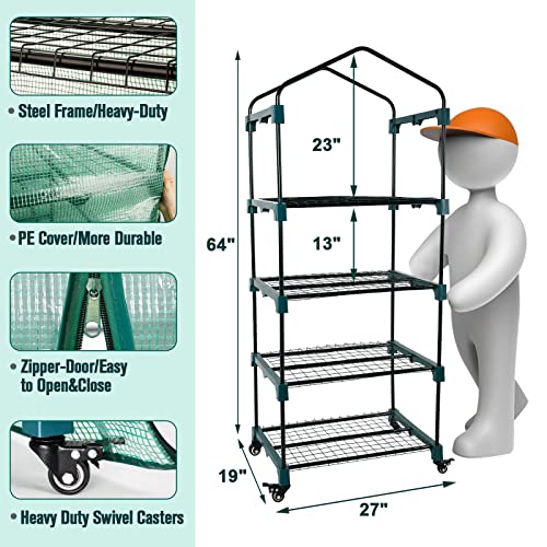 Worth Garden 4 Tier Mini Greenhouse w/Upgraded Castors Wheels - Portable Small Gardening Green House with PE Cover - Heavy Duty Swivel Castors with Brakes - 64''H x 27''L x 19''W Indoor & Outdoor