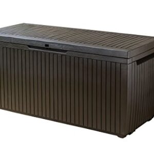 Keter Springwood 80 Gallon Resin Outdoor Storage Box for Patio Furniture Cushions, Pool Toys, and Garden Tools with Handles