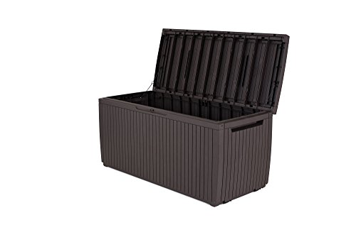 Keter Springwood 80 Gallon Resin Outdoor Storage Box for Patio Furniture Cushions, Pool Toys, and Garden Tools with Handles