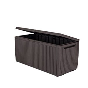 Keter Springwood 80 Gallon Resin Outdoor Storage Box for Patio Furniture Cushions, Pool Toys, and Garden Tools with Handles